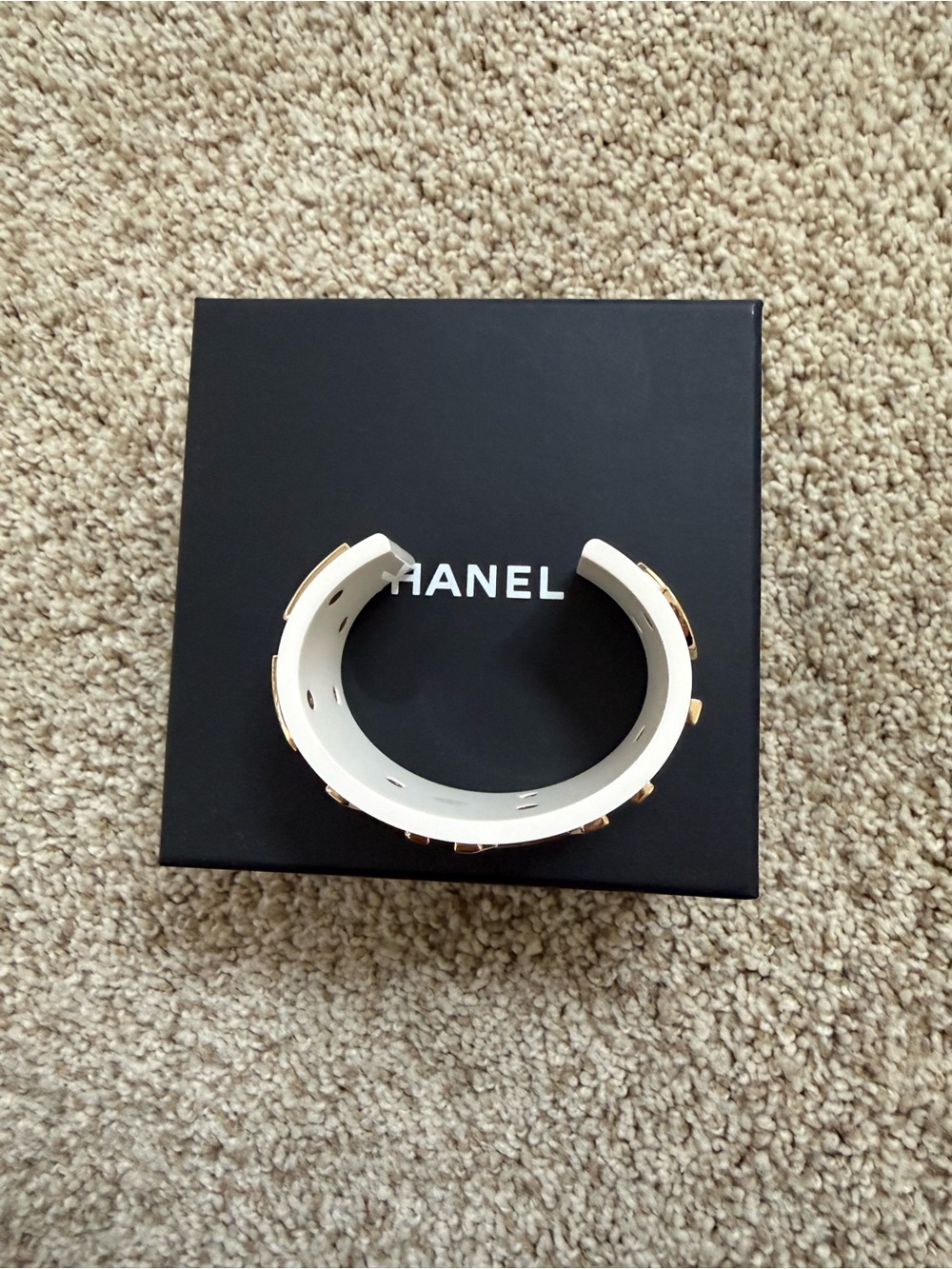 Chanel 2019C Ivory Resin Cuff Bracelet Gold Tone Chanel Letters - Picture 8 of 12